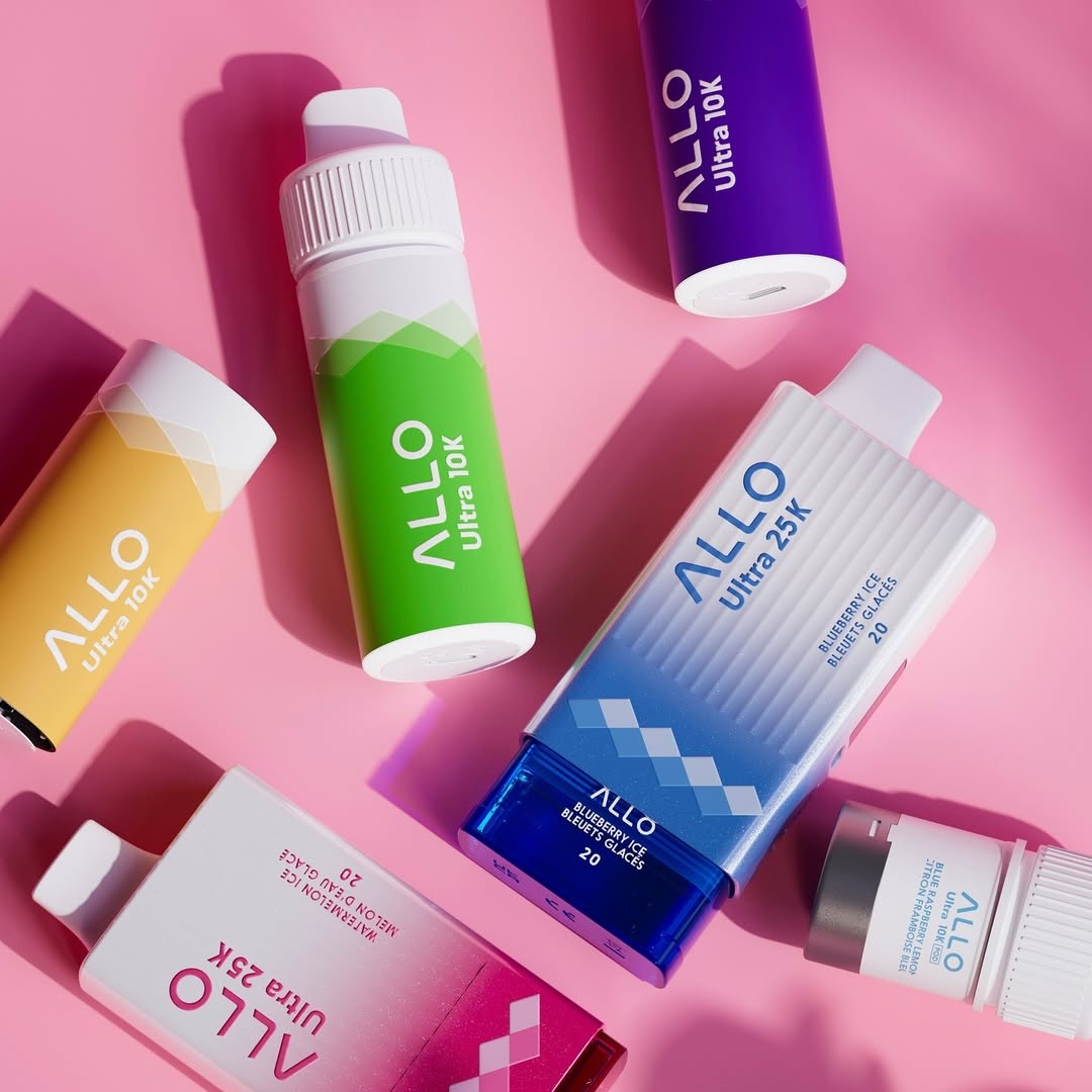 Allo Ultra 25K and 10K vapes available at Shop Allo Canada, featuring Blueberry Ice and Watermelon Ice flavours.